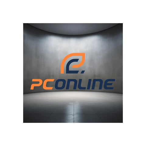 PC Online logo in a modern gray room with smooth walls and polished floor, emphasizing tech and innovation.