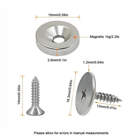 Four Pack Magnetic Door Catch Kit demonstrating dimensions of components with silver finish, rust resistant.