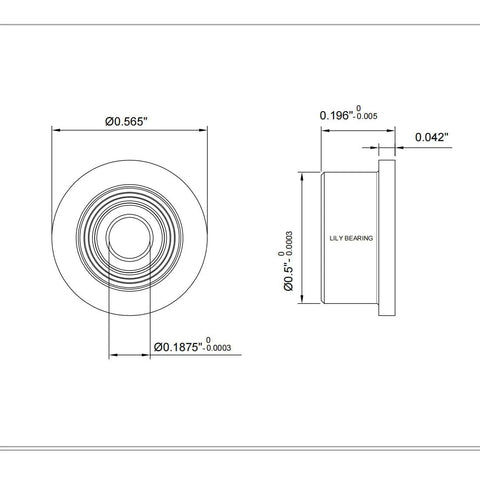 FR3ZZ flange ball bearing; front and side views, Lily Bearing, chrome steel, 3/16 x 1/2 x 0.2 in, double shielded