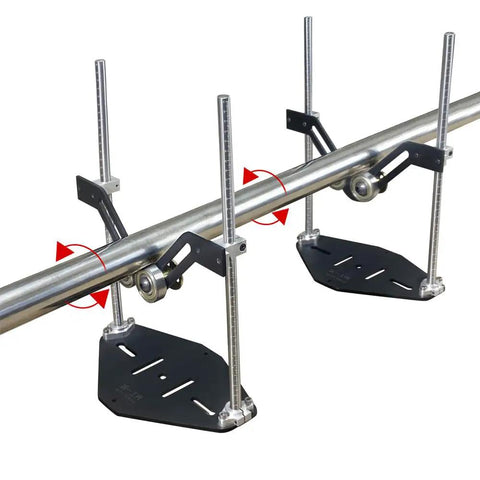 Heavy Duty Adjustable Height Double Roller Stand Smooth As Butter Bearing Rotation Pro Woodworking Station with adjustable metal supports.