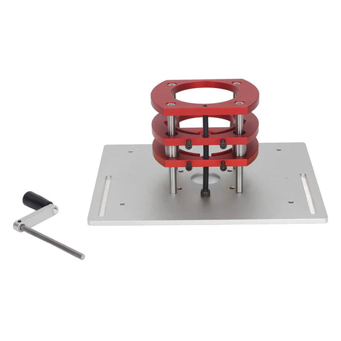 Slick Manual Router Lift System With Easy Twist Crank Handle For Precise 51mm Height Tweaks Built Tough With Rugged Stainless Steel And Heavy Duty Aluminum Alloy, featuring three layered red rings and crank handle.