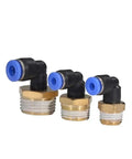 Pneumatic Air Connector Kit With Elbow Fittings And Quick Connect Hose For 4 6 8 10 12 Millimeter Lines Thread Sizes One Eighth One Quarter Three Eighths One Half Inch PL12 04, showing three brass and plastic elbow fittings on white background
