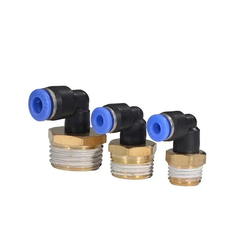 Pneumatic Air Connector Kit With Elbow Fittings And Quick Connect Hose For 4 6 8 10 12 Millimeter Lines Thread Sizes One Eighth One Quarter Three Eighths One Half Inch PL12 04, showing three brass and plastic elbow fittings on white background