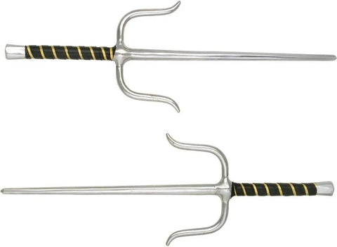 Pro Grade Martial Arts Training Sais 15 Inch Stainless Steel Blades With Wrapped Grip And Gold Accent Handle Pack Of 2 displayed.