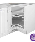 36 Inch White Corner Kitchen Cabinet With Dual Lazy Susan Spin Shelves And Smooth Operator Soft Close Doors, open view with reversible doors.