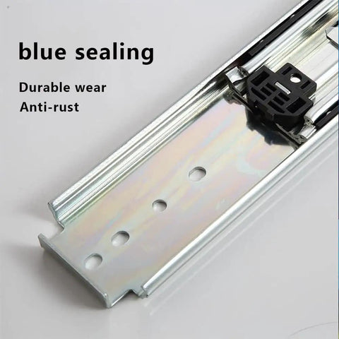 Heavy Duty Drawer Slides With Soft Close Full Extension Rails Three Fold Ball Bearing Tracks Locking Design For Fully Open Or Closed Tough As Nails Cold Rolled Steel 300mm 12in Pair, close-up of rail with blue sealing