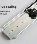 Close-up of Beefy Heavy Duty Drawer Rails With Full Extension Side Mount Slides, showing blue sealing and locking ball bearing metal rail.