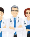 Illustration of medical professionals wearing white coats and scrubs, standing together with stethoscopes.