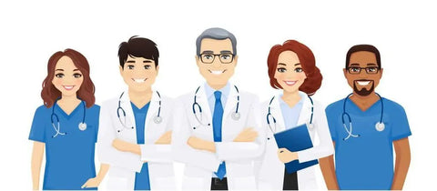 Illustration of medical professionals wearing white coats and scrubs, standing together with stethoscopes.