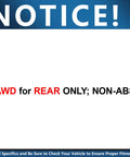 Notice sign indicating AWD for rear only, non-ABS compatibility for vehicle hub assembly fitment.