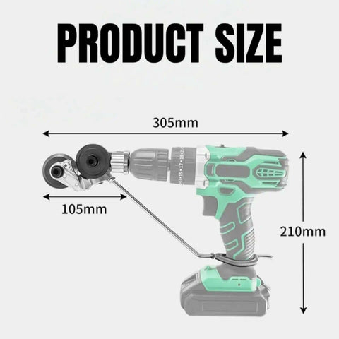 Image showing dimensions of High-Power Drill Nibbler For Sheet Metal Cutting, Titanium-Plated Nibbler Head attached to a drill.
