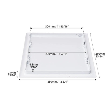 Crush Proof 12X12 Inch Abs Plastic Drywall Access Panel for Concealing Plumbing Hvac and Electrical Wiring with dimensions and details shown.