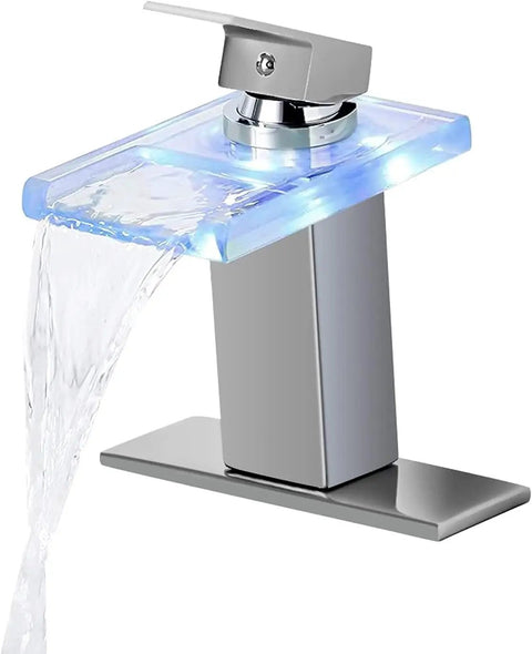 Lit LED Powered Water Glow Bathroom Faucet With Chrome Waterfall Vanity, Single Handle 1 Hole Sink Open Glass Spout running water