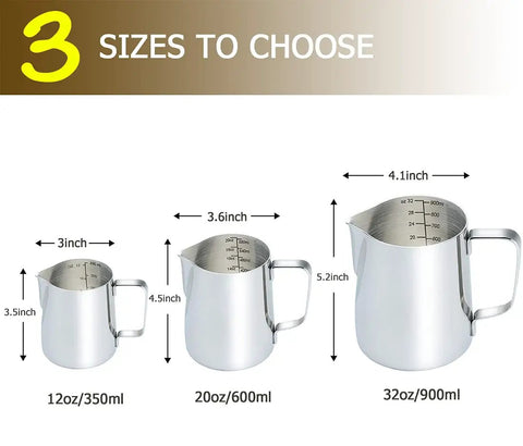 Three sizes of Milk Frothing Pitcher 20 Oz Stainless Steel Espresso Steaming Pitcher With Decorating Pen For Latte Art