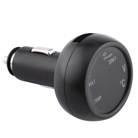 Car voltmeter and thermometer with 3-in-1 display, cigarette lighter plug, black