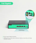 Front view of 4 Port PoE Plus Plus Switch With BT 90W Per Port 96W Total Budget Full Gigabit Ethernet showing ports and 1000Mbps label