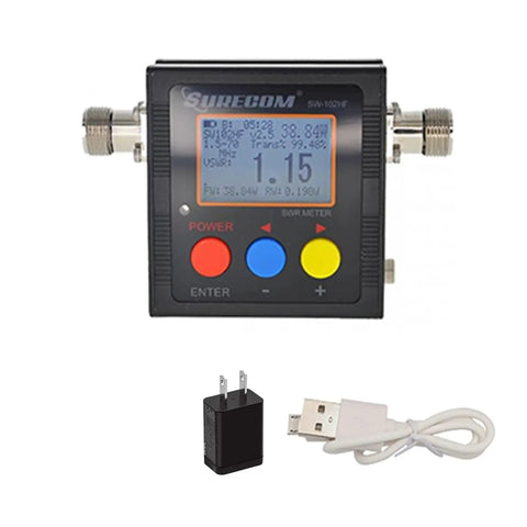 HF VSWR And Power Meter With Direct Digital Readout For 1.5 To 70 MHz Ham Radio, No Calibration Needed, showing front display with charger