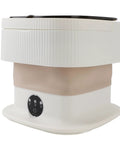 Ultra Compact Foldable Portable Washing Machine with Two In One Wash And Dry Combo Function, compact design in khaki and white.