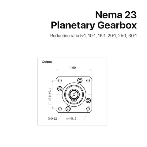 Nema 23 Planetary Gearbox Motor Speed Reducer design drawing, showing output dimensions and specifications for CNC applications.