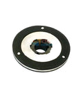 Electromagnetic brake disc with black outer ring and silver center bore; two mounting holes visible.