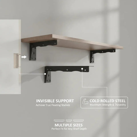 Heavy Duty Cold Rolled Steel L Shaped Bracket for Floating Shelves Black Finish Wall Mount Support Hardware in use with wooden shelf
