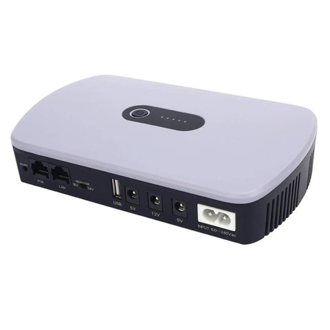 Heavy Duty 10400mAh UPS Battery Backup For Router Modem And Security Cameras Solid Plug And Play Surge Protector viewed from the side.