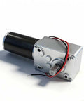 24V Turbo Worm Gear Motor With 15 RPM, 50Kg.cm Torque, 8mm Single Shaft, shown in angled view with metal casing and wires.