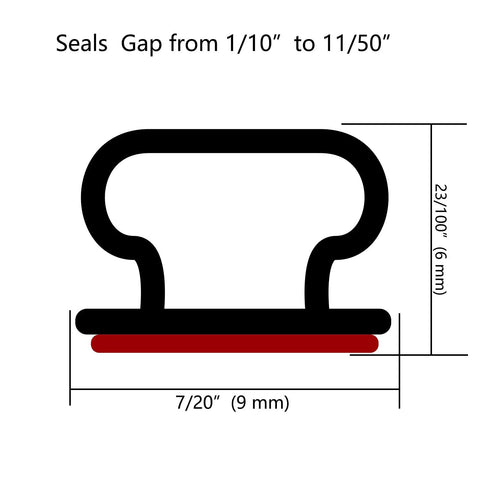 Heavy Duty Rubber Weather Stripping Seal For Doors And Windows Waterproof Self Adhesive Weatherstrip Soundproofing Gasket 262 Ft Roll Black Ultra Strong Backing Stays Put In Cold And Wet Weather, diagram showing dimensions and gap sealing range.