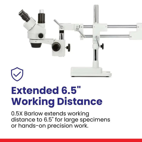 Simul Focal Trinocular Stereo Zoom Microscope With Dual Arm Boom Stand, 3.5X To 90X Magnification, Long Working Distance, A Real Workhorse For Circuit Boards, Dental Appliances, And Electronics Inspection, Includes 10X Eyepieces, extended 6.5-inch working distance