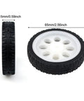 Side and front view of white hub rubber wheel, 15x65 mm, for TT motors with encoders in DIY Arduino projects, Four Pack included.