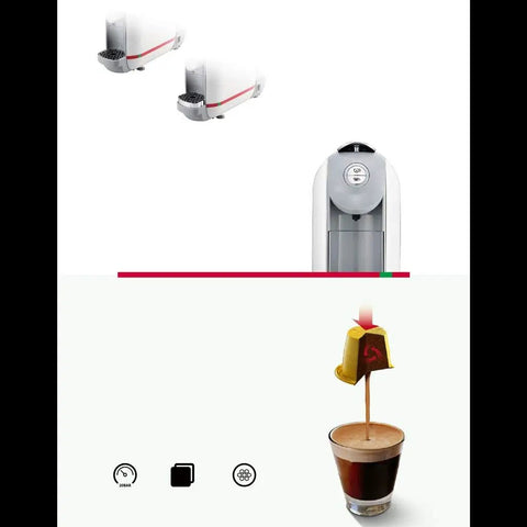 Compact Capsule Coffee Machine For Home Or Office One Touch Auto Espresso Brews Fast 20 Bar Pressure 500ml Water Tank Easy Clean Waste Box For 10 To 12 Capsules showing front view with capsule brewing.