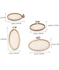 Five Piece Mini Wood Embroidery Hoops Set With Screws For Cross Stitch And DIY Needlework in assorted shapes with dimensions.