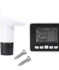 Ultrasonic Liquid Level Sensor With Temperature Display For Indoor Water Tanks Level Meter And Indicator Up To 100 Meters Easy Install Real Time Readout No Brainer For Home Kitchen Basement Utility Rooms, showing sensor, display, and screws.