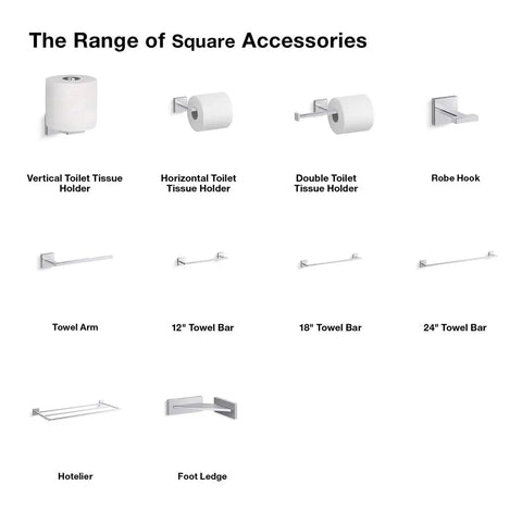 Square accessory range including foot ledge and square foot rest for shower in vibrant brushed nickel, slick modern bathroom accessory.