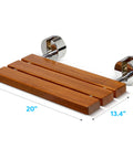 20-Inch Teak Folding Shower Seat Bench With Wall Mount, showing dimensions 20-inch width and 13.4-inch depth, stainless mount