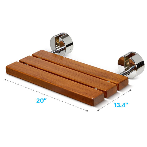 20-Inch Teak Folding Shower Seat Bench With Wall Mount, showing dimensions 20-inch width and 13.4-inch depth, stainless mount