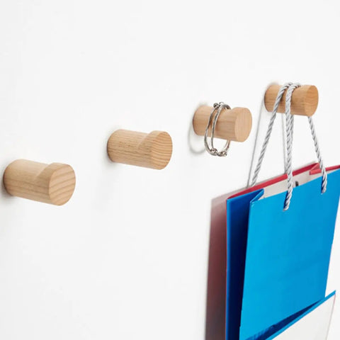 No Fuss Solid Wood Wall Hooks Holds Bags Hats And Coats Game Changer In Home Organization Multi Purpose Coat Rack And Towel Holder with blue bag