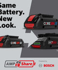 Three angles of the 18V CORE18V Lithium Ion 4Ah Advanced Power Battery Two Pack With Lightweight Design And High Power Cells For Maximum Runtime.