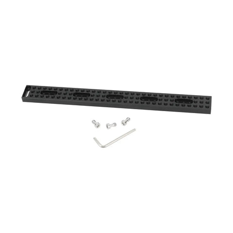 Top Shelf 12 Inch Long Cheese Mounting Plate Featuring Heavy Duty Aluminum Body And Built In Quarter Twenty Screws with accessories.