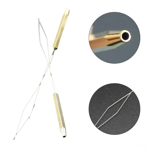 Fishing Line Winder And Fly Tying Bobbin Threader Tool For Outdoor Finisher With Stainless Steel And Brass Build, Easy Threading, Durable Angling Gear For Precise Thread Alignment And Quick Tying. Stainless steel and brass fly tying threader with wire loop and close-up tip.