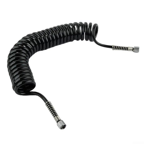 Heavy Duty 3 Meter PU Coiled Airbrush Hose With Secure One Inch Couplers For Car Detailing Spray Painting And Art Projects Featuring Kink Free Flexible Tube That Stays Tidy On The Job Site Every Time, black coiled hose with metal couplers
