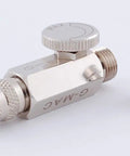 MAC Valve With Quick Connect Coupler And Plug for universal airbrush control, chrome finish, shown disassembled on white background