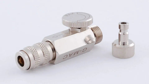 MAC Valve With Quick Connect Coupler And Plug for universal airbrush control, chrome finish, shown disassembled on white background
