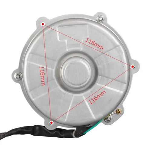 Back view of Beefed Up DC Brushless Air Conditioning Fan Motor 60W 690 RPM with 116mm dimensions, focus on mounting points.
