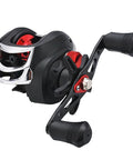 Baitcasting fishing reel with water-drop wheel and magnetic brake, black with red accents.