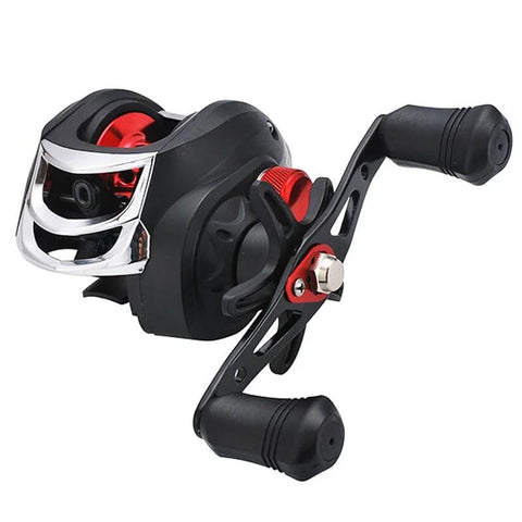 Baitcasting fishing reel with water-drop wheel and magnetic brake, black with red accents.