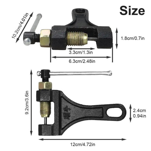 Rugged Chain Breaker Tool showing size dimensions for motorcycles, bicycles, ATVs, scooters; quick disassembly for 420-530 chains.