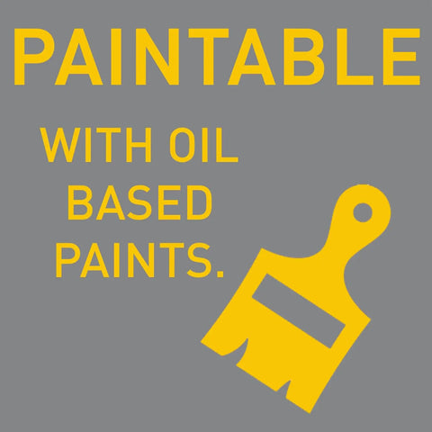 "Paintable with oil-based paints" text with paintbrush icon on gray background related to Ivory Wall Mount Power Strip With 6 Outlets.