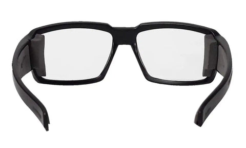 Rear view of Clear Safety Glasses For Men And Women With Matte Black Frame And Clear Lens ANSI Z87 Plus Compliant