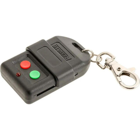 Black remote control with red and green buttons and a metal keychain clip
